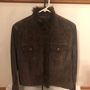Leather jacket with faux fur trim